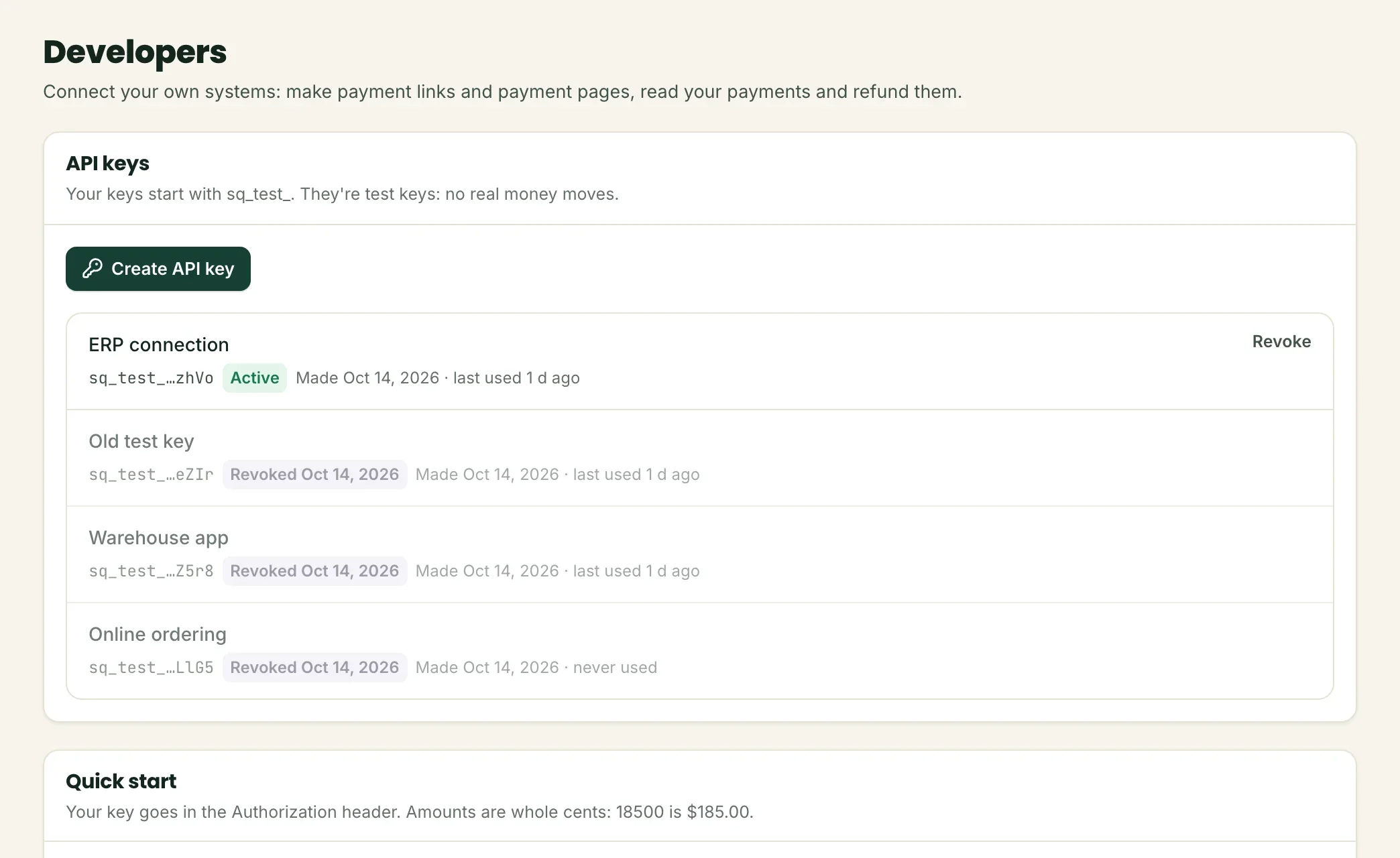 The Developers page in Squirrel: API keys and the quick start
