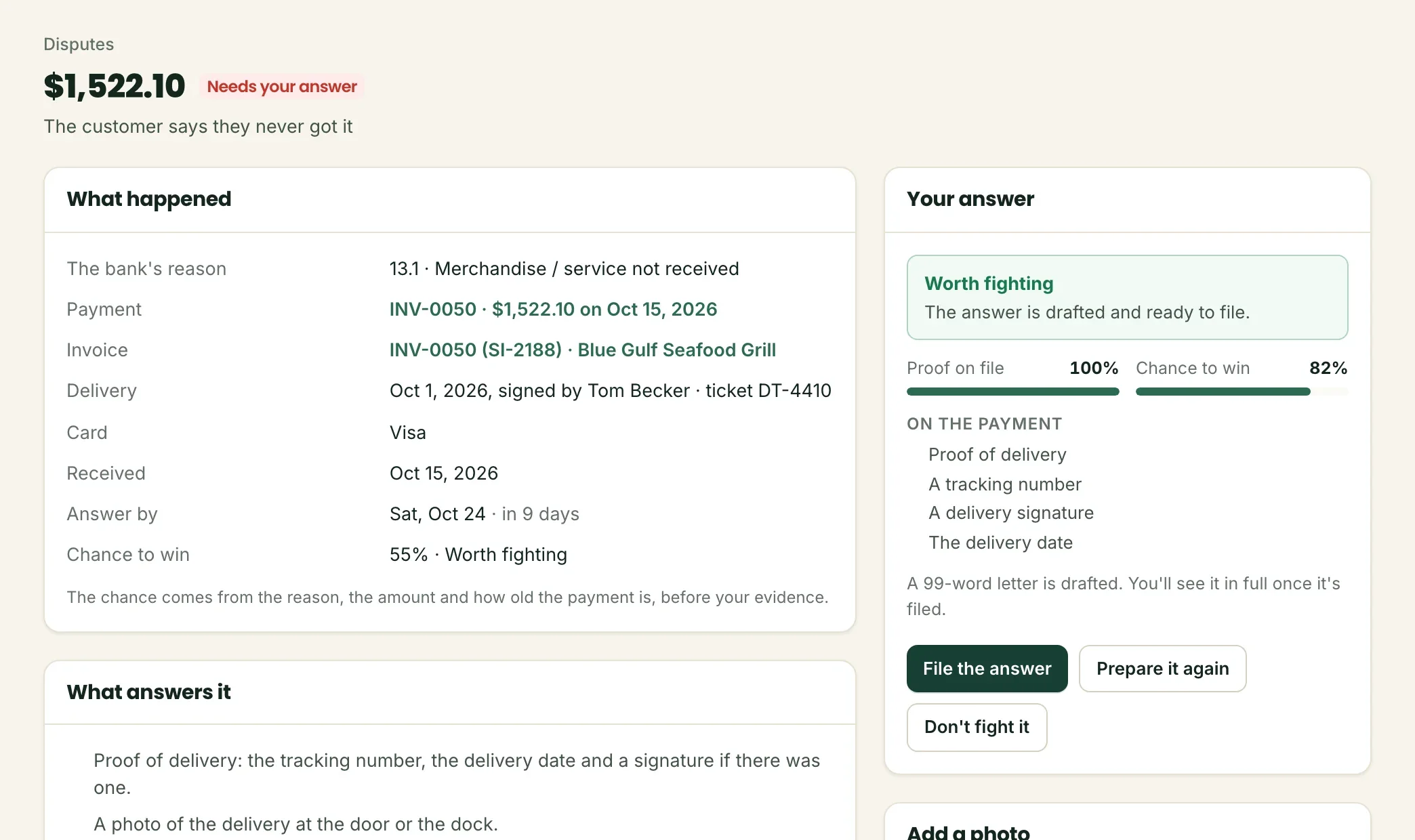 A dispute in Squirrel, with its deadline, the invoice and the delivery on file