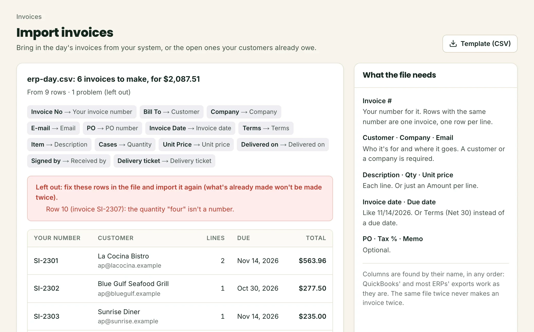 Importing a day's invoices from a CSV file in Squirrel