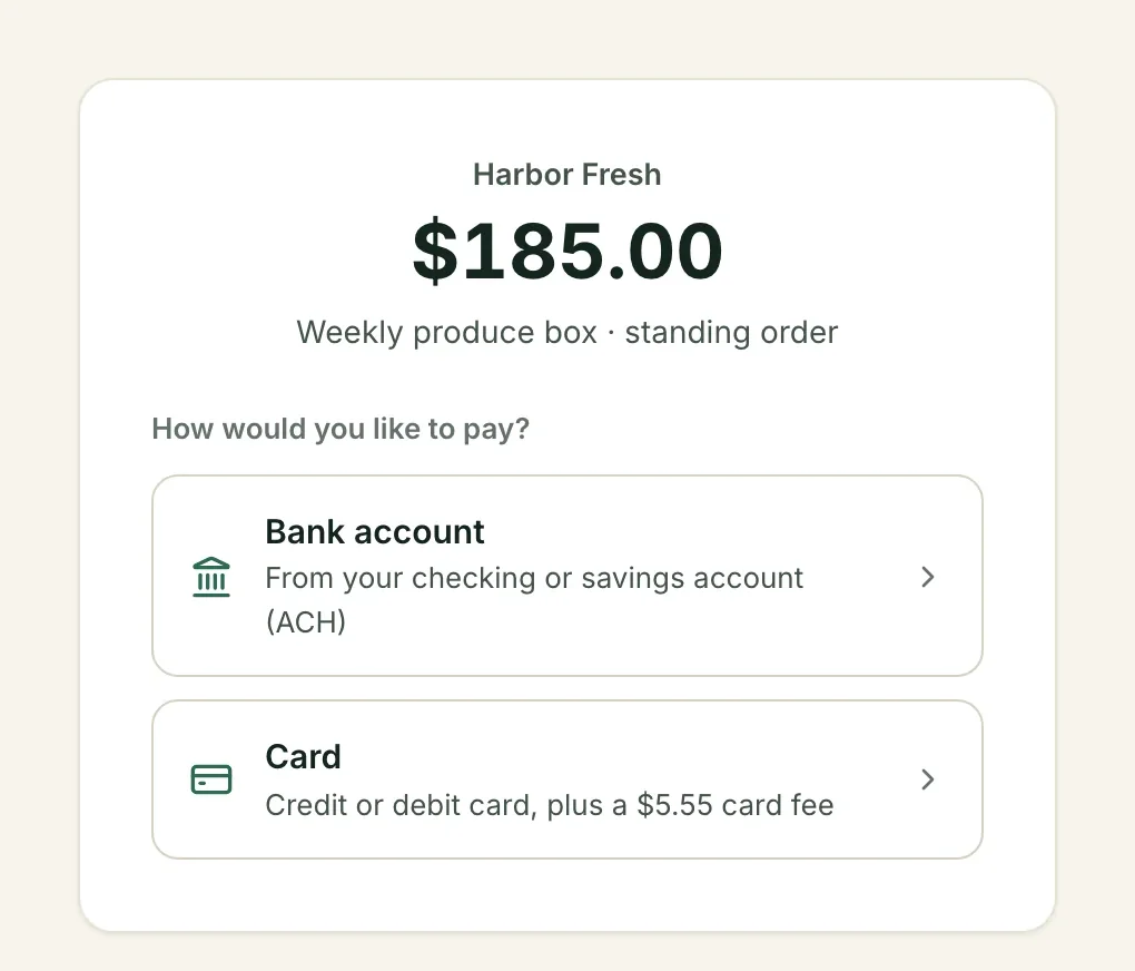A payment link in Squirrel, where the customer picks bank account or card
